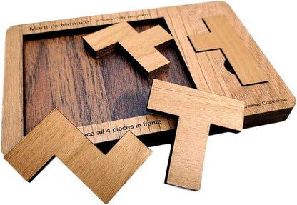 Creative Crafthouse Martin's Menace Small Stewart Coffin Wood Puzzle | Design number 217. A four piece packing solve that looks easy and absolutely is not. A desk and shelf gift, made in USA