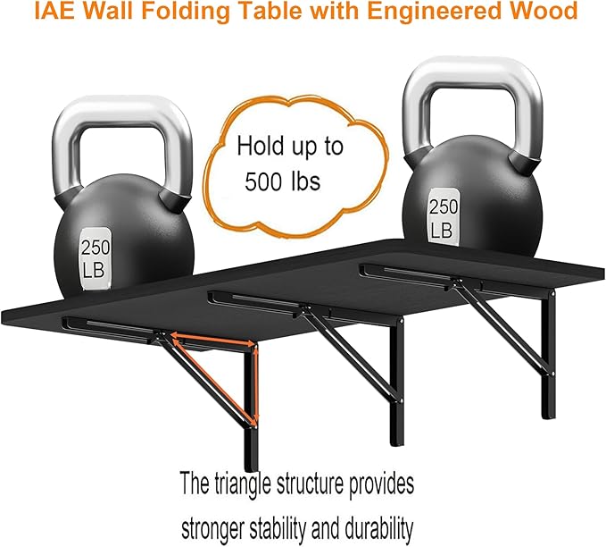 IAE 55x22in Floating Fold Desk,Wall-Mounted Folding Computer Table,Black | Study Table with Shelf Brackets,Foldable Down Shelf with Engineered Wood,Fold Computer Desk for Small Apartment,Holds 510 lb