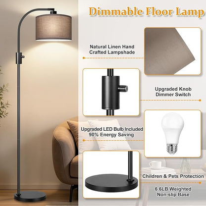 Nintiue Dimmable Black Floor Lamp, 1200 Lumens LED Edison Bulb Included, Arc Gold Floor Lamps for Living Room Modern Standing Lamp with Khaki Shade