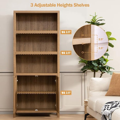 SICOTAS Bookcase 71" Tall Bookshelf 5 Tier Rattan Boho Bookcase with Doors Storage Large Book Case Shelf Farmhouse Bookshelves Library Book Shelves for Living Room Bedroom Home Office Kitchen