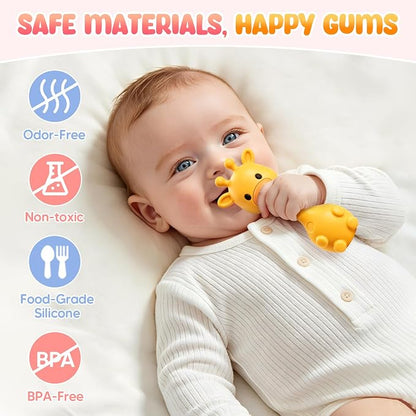 Baby Rattles Teething Toys 3-6 6-12 Month, Multi-Functional BPA-Free Silicone Teether Toys for Teething Relief & Sensory Rattle Play, Perfect Infant Newborn Toys & Baby Gifts (Yellow)