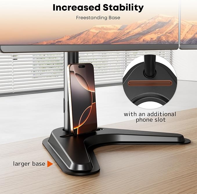 Dual Monitor Stand fits 17-32 inch, Free Standing Heavy Duty Monitor Mount | Precise Slide, Tilt, Swivel, Rotate and Height Adjust, 19.8 lbs per Arm, VESA 75/100mm