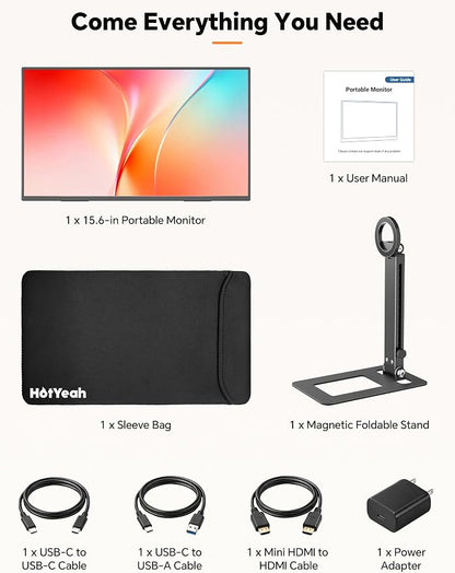 HotYeah Travel Portable Monitor with Stand, w/Magnetic Stand & Speaker | 15.6" 1080P 125% sRGB USB-C HDMI HDR External Display, 2nd Screen for Laptop MacBook Computer Phone Tablet Switch PS5 Xbox