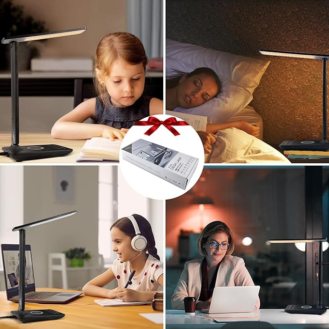 Desk Lamp with Wireless Charger, USB Charging Port, Dimmable Office Desk Light with Clock, Alarm, Date, Temperature, Foldable Lamp for Table Bedroom Bedside Office (Black Pro)