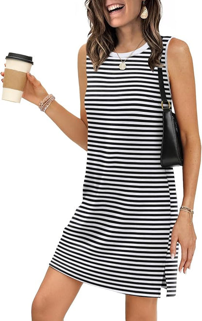WIHOLL Casual Dresses for Women Crewneck Sleeveless Tank Dress Summer Spring Boho Vacation Clothes