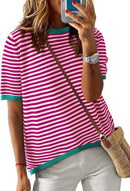 Dokotoo Womens Tops 2026 Casual Summer Crewneck Short Sleeve Striped Color Block Knit High Low Trendy Pullover Sweaters
