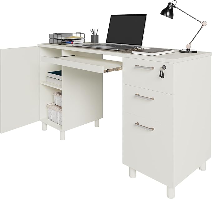 Modern Design By Crafts & comfort Venice Computer Desk - Office Desk with 3 Drawers & CPU Storage Cabinet - Laptop Workstation with Keyboard Tray & Cable Hole - Home & Office Supplies -White