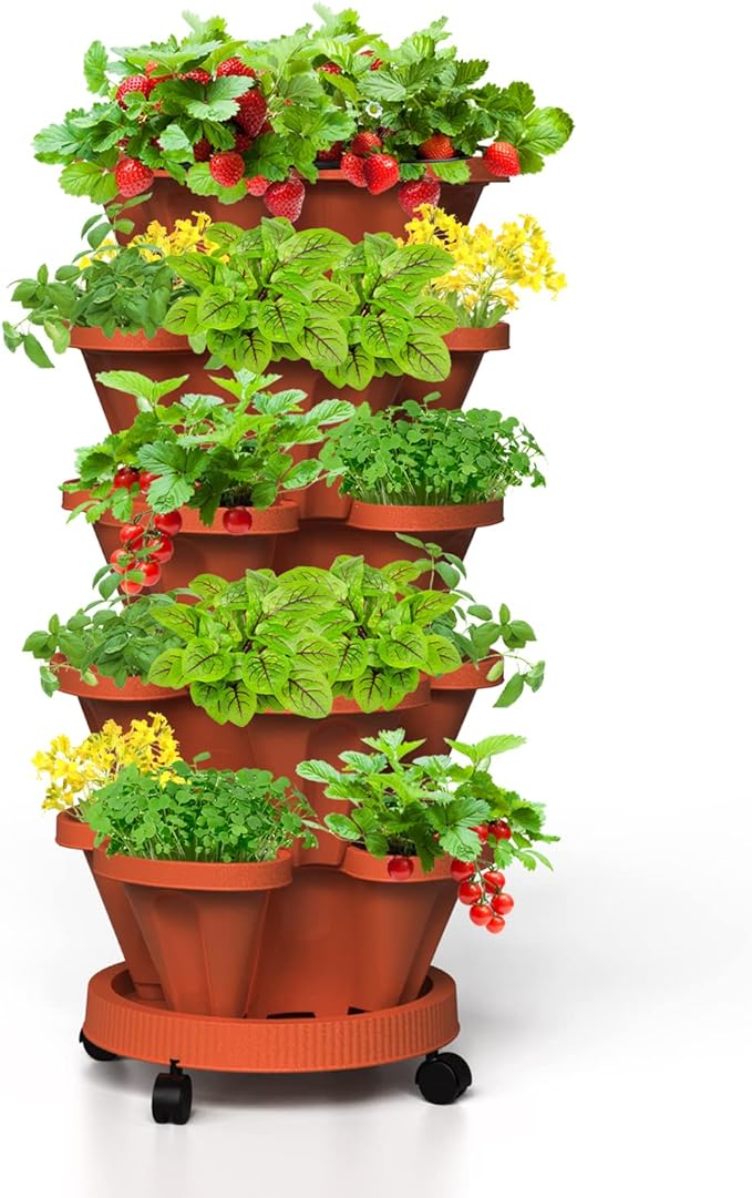 Strawberry Stackable Planter, Vertical Tower Garden, 5 Tiered Stacking Herb Vegetable Planters with Movable Casters and Bottom Saucer Indoor and Outdoor - Terra Cotta