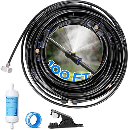 Misters for Outside Patio 100FT, Pre-Assembled WaterMisting Cooling System with 30 Brass Nozzles & 3/4" Adapter, Outdoor Mister Kit for Backyard, Garden, Greenhouse, Chicken Coop, Dog House