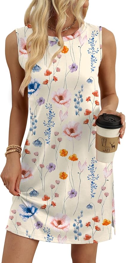 WIHOLL Casual Dresses for Women Crewneck Sleeveless Tank Dress Summer Spring Boho Vacation Clothes