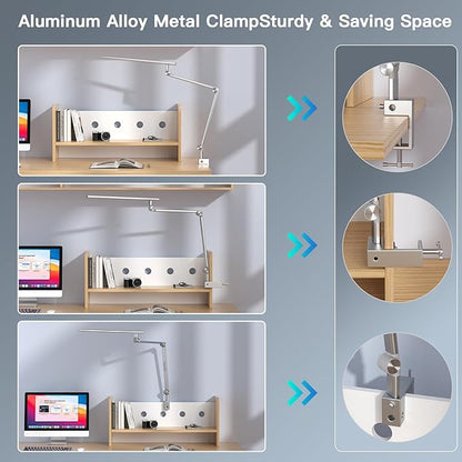 LED Desk Lamp, Desk Light for Home Office, Dual Light Source 18W Brightest, Eye-Caring Optical Lens, Task Lamp, 5 Color Modes & Brightness, Aluminum Alloy Clip on Lamp, Clamp Lamp, Silver