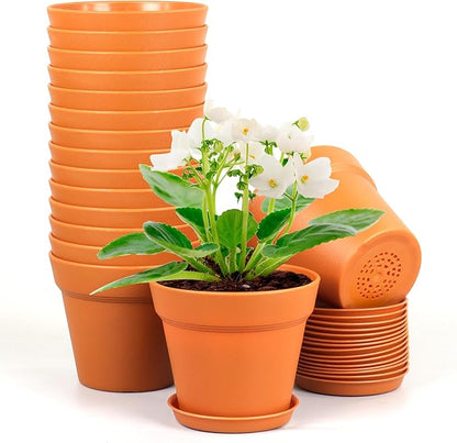 6 inch Plastic Nursery Pots, 16 Pack Plant Pots for Indoor Outdoor Plants, Flower Pots with Drainage Holes and Saucers, Decorative Seedling Starter Planters for House Plants, Terracotta