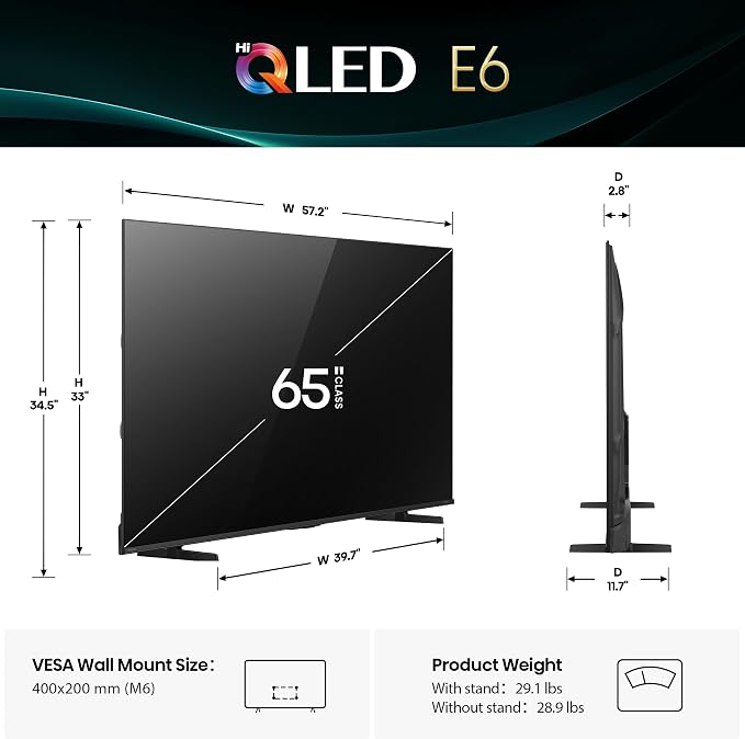 Hisense 65" E6 Cinema Series Hi-QLED 4K UHD Smart Fire TV (65E6QF) -AI Light Sensor, Dolby Vision · Atmos, Voice Remote with Alexa, Motion Rate 120, HDR 10+ Adaptive, Game Mode Plus