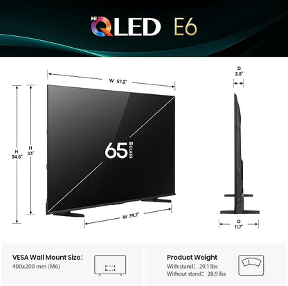 Hisense 65" E6 Cinema Series Hi-QLED 4K UHD Smart Fire TV (65E6QF) -AI Light Sensor, Dolby Vision · Atmos, Voice Remote with Alexa, Motion Rate 120, HDR 10+ Adaptive, Game Mode Plus