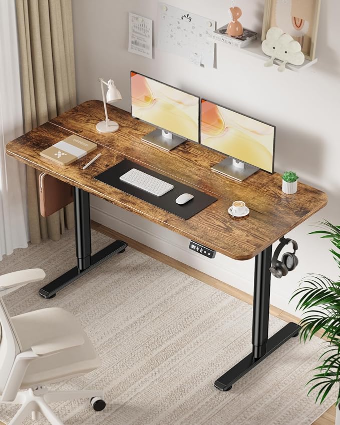 Electric Standing Desk Adjustable Height Stand Up Desk, 55" x 24" Sit Stand Desk, Low Noise Home Office Desk, Computer Desk with Splice Board, Child Lock & Memory Function, Rustic Brown
