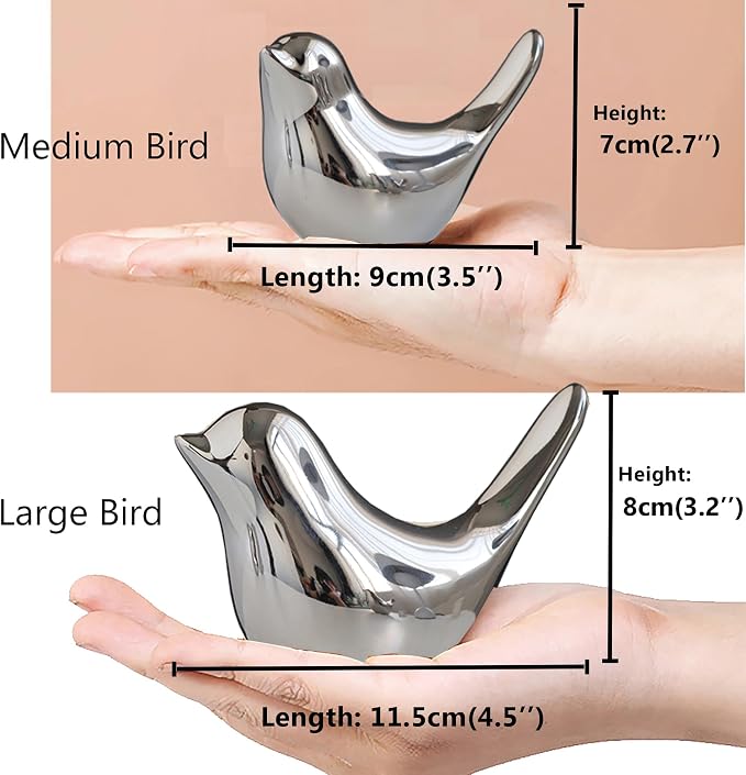 FANTESTICRYAN Small Birds Statues Gold Home Decor Modern Style Figurine Decorative Ornaments for Living Room, Bedroom, Office Desktop, Cabinets (M&L, Silver)
