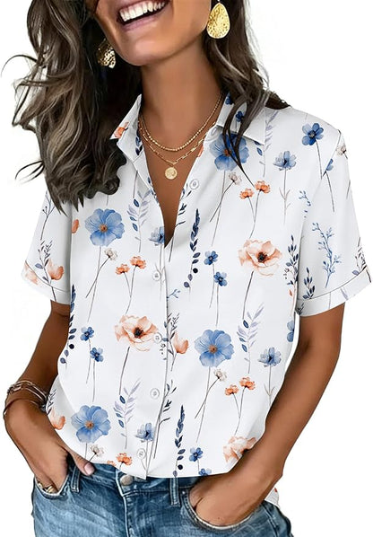 Zeagoo Button Down Shirts for Women Short Sleeve Collared Tops Dressy Casual V Neck Blouses