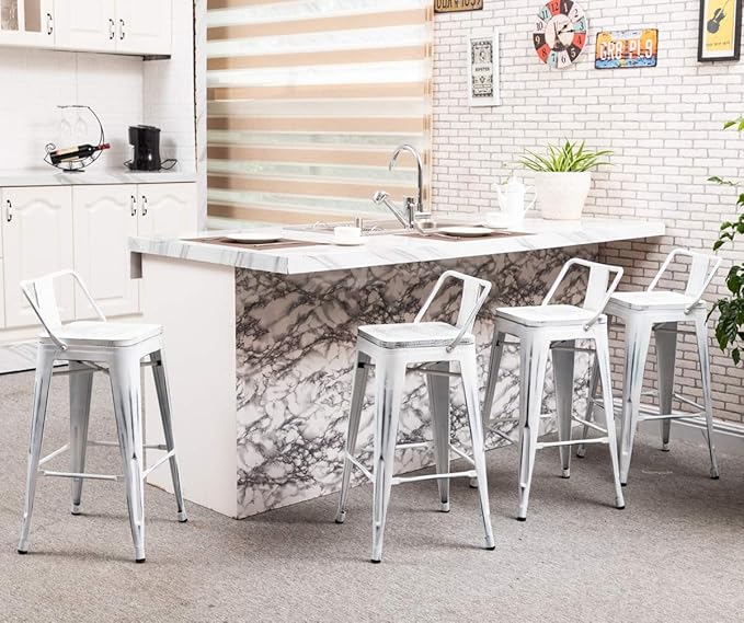 Yongchuang 26" Industrial Metal Barstools Set of 4 Counter Height Bar Stools with Back (Wood Top Low Back, Distressed White)