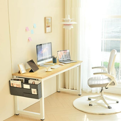 Computer Desk - 63 Inch Large Home Office Desk Wood Study Writing Table Workstation Storage Bag Headphone Hooks Simple Gaming Desk Rustic White/Walnut