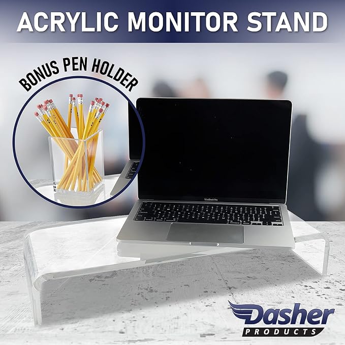 Dasher Products Acrylic Laptop Stand with Matching Pen Holder, Contemporary Design, Ergonomic Viewing Position, Raises Monitor 3 inches, 12mm Thick Clear Acrylic, No More Clutter