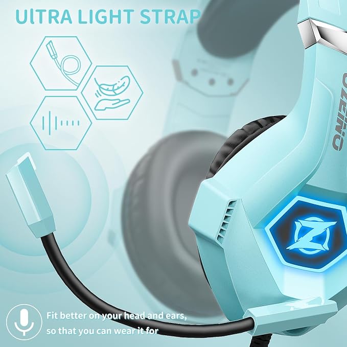 Ozeino Gaming Headset for PC, Ps4, Ps5, Xbox Headset with 7.1 Surround Sound, Gaming Headphones with Noise Cancelling Mic RGB Light Over Ear Headphones for Xbox Series X/S, Switch-Light Blue