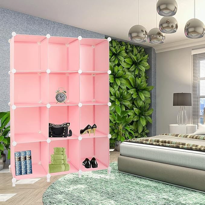Gold Armour Cube Storage 12-Cube Bookshelf Closet Organizer Storage Shelves Cubes Organizer Plastic Square Book Shelf Bookcase DIY Closet Cabinet Organizer Shelving for Home Office Bedroom (Pink)