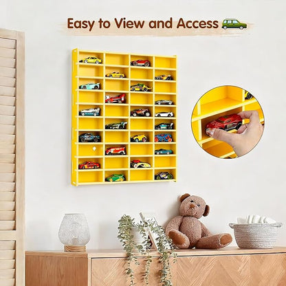 Krafetto Toy Car Display Shelf, Holds 40 Diecast 1/64 Toys Car, Wall Mount Model Cars Storage Organize Case (Yellow 1/64 Toy Car Display Shelf)