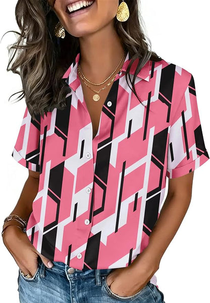 Zeagoo Button Down Shirts for Women Short Sleeve Collared Tops Dressy Casual V Neck Blouses
