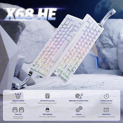 ATTACK SHARK X68HE RT Mechanical Gaming Keyboard 60% Wired TKL-WhiteContour | Adjustable Actuation,Hall Effect Magnetic Switch,8KHz Polling Rate,RGB Backlit,Top Mount,Side Printed Keycap for PC Mac Gamer