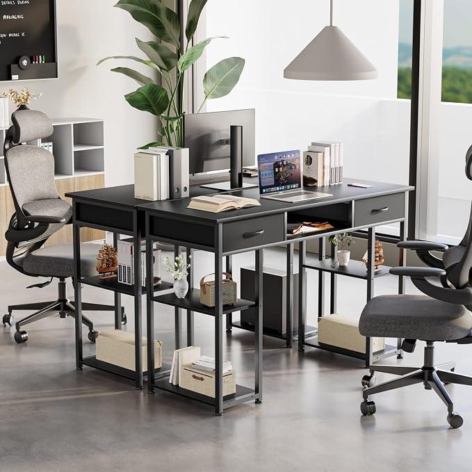 47 Inch Computer Desk with 2 Drawers, Home Office Desk with Wooden Shelves, Study Writing PC Table for Small Spaces, Bedroom, Dorm or Living Room, Black