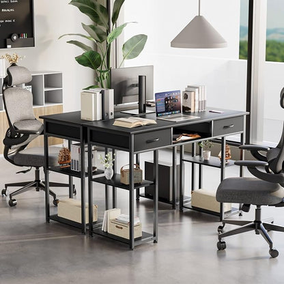 47 Inch Computer Desk with 2 Drawers, Home Office Desk with Wooden Shelves, Study Writing PC Table for Small Spaces, Bedroom, Dorm or Living Room, Black