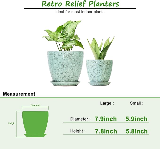 8 Inch + 6 Inch Plant Pots for Indoor Plants, Ceramic Planter with Drainage Hole and Saucers, Garden Pots for Succulent, Orchid, and Flower, Set of 2