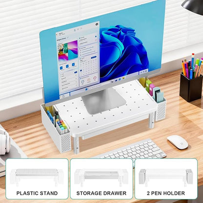 WALI Computer Monitor Stand with Storage, Desk Organizer with Drawer and Pen Holder, Desk Monitor Riser 3 Height Adjustable, Laptop Riser for Computer, Laptop, Printer(PTT003-W), 1 Pack, White