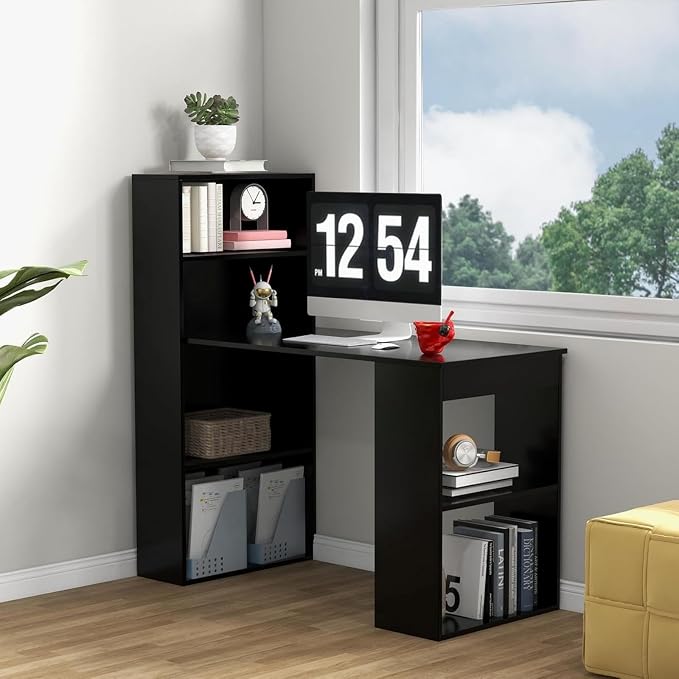 Tangkula Computer Desk with Bookshelf, Writing Study Desk with Storage Shelves & CPU Stand, Modern Compact Computer Workstation for Home & Office, Space-Saving Design (Black) | Bookcase Desk w/Bookshelf Storage Shelves & CPU Stand, Space-Saving Design ...