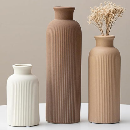 Modern Ceramic Vase Set, Earth Tone Natural Color Ribbed Matte Design, 3-Piece Decorative Vases for Home, Living Room, Office (Coffee Mix)