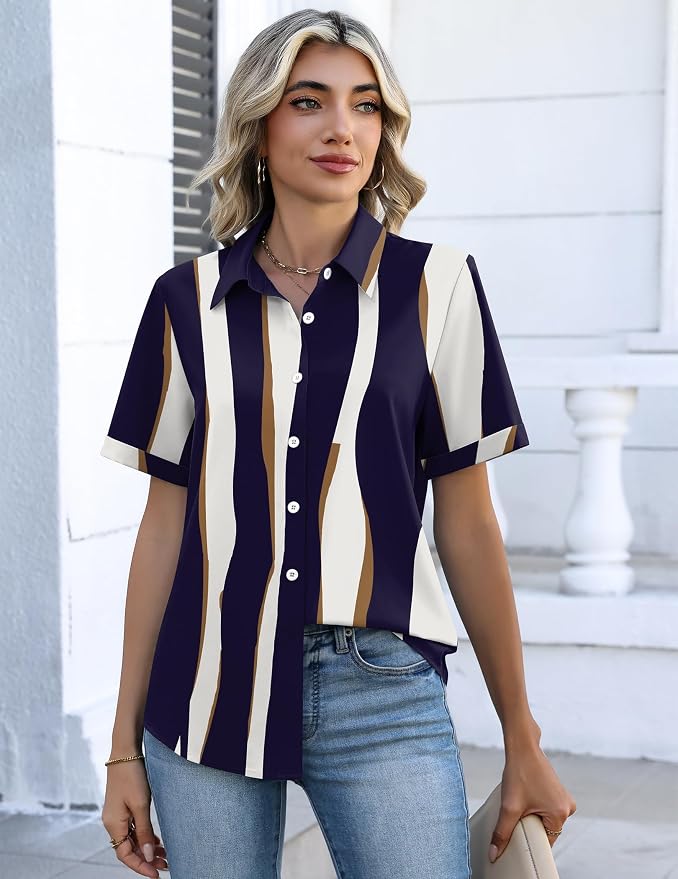 Zeagoo Button Down Shirts for Women Short Sleeve Collared Tops Dressy Casual V Neck Blouses