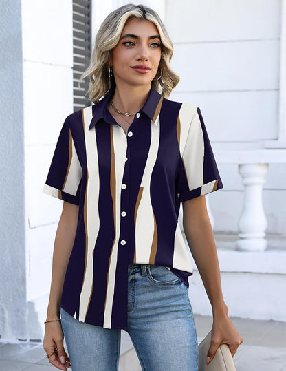 Zeagoo Button Down Shirts for Women Short Sleeve Collared Tops Dressy Casual V Neck Blouses