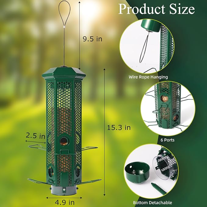 Squirrel Proof Bird Feeders with Removable Base, Metal Wild Bird Feeder for Outdoors Hanging, 6 Weight-Activated Ports Perches, 3LB Seed Capacity(Green)