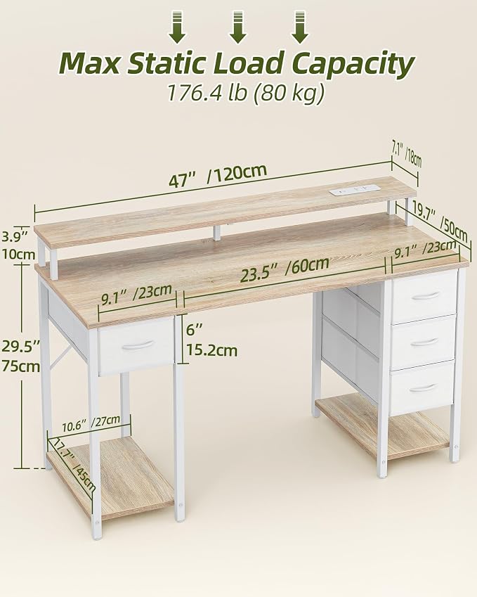 TIQLAB Computer Desk with 4 Drawers, 47 Inch Gaming Desk with LED Lights & Power Outlets, Home Office Desk with Monitor Stand, Study Writing Work Desk for Bedroom, Maple