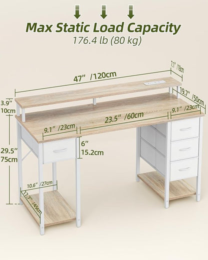 TIQLAB Computer Desk with 4 Drawers, 47 Inch Gaming Desk with LED Lights & Power Outlets, Home Office Desk with Monitor Stand, Study Writing Work Desk for Bedroom, Maple