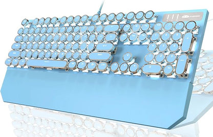 Typewriter Style Mechanical Gaming Keyboard,Retro Punk Gaming Keyboard with White Backlit, 104 Keys Blue Switch Wired Cute Keyboards with Detachable Wrist Rest,Blue Keyboards for Office/PC/Laptop