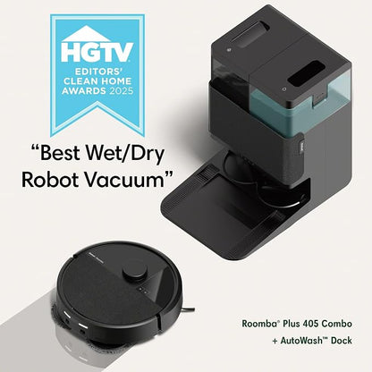 iRobot Roomba Plus 405 (G181) 2in1 Vacuum & Mop Robot with AutoWash Dock - Dual Spinning, Smart & Fast Mapping, Ideal for Pet Hair, Self-Empties 75 Days, Intense Suction, Pad Washing & Drying