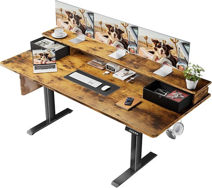 Veken 63x28 in Electric Standing Desk with Drawers, Adjustable Table, Brown | Stand up Computer Desk for Home Office, Work & Study, with Storage, 3 Memory Presets, Cable Organizer, Hook, and Quiet Lift.