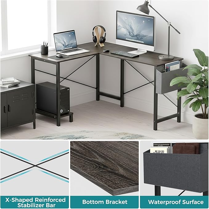 OLIXIS L Shaped Desk, Gaming Desk, Corner Table 50 Inch | Side Bag, Reversible Shelf, Home Work Study Writing, PC Workstation, Easy Assembly, Grey