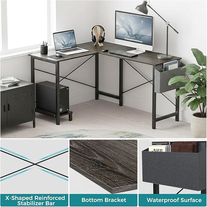 OLIXIS L Shaped Desk, Gaming Desk, Corner Table 50 Inch | Side Bag, Reversible Shelf, Home Work Study Writing, PC Workstation, Easy Assembly, Grey