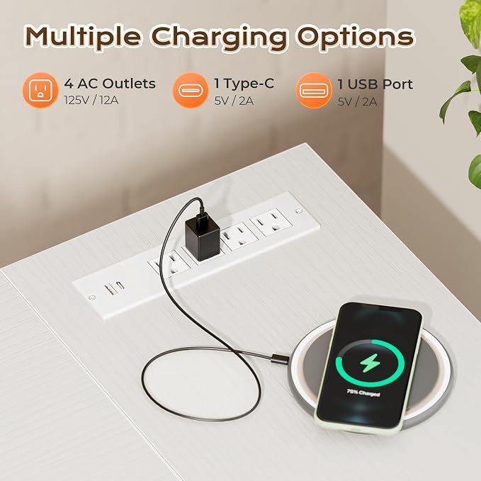 Huuger 63 Inch L Shaped Desk with Power Outlets and USB-C Port, Reversible Computer, Larger Office Corner Gaming Desk, 0.95 Inch Thicker Desktop, Metal Frame, for Home Office, Study, White