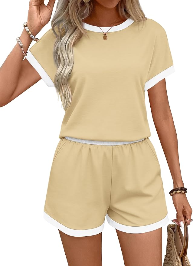 WIHOLL Two Piece Sets for Women Summer Lounge Short Sets Cap Sleeve Crew Neck Sweatsuit with Pocket XS-2XL