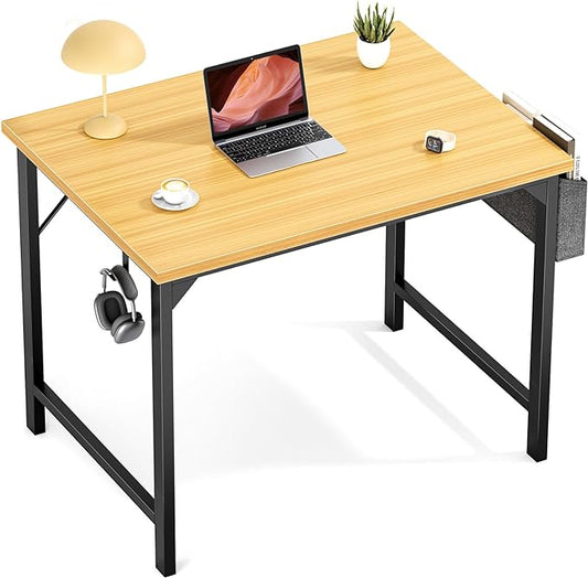OLIXIS Computer Small Desk 32 Inch Home Office Writing Study Work Storage Bag Headphone Hooks Simple Wood Kids Student Table, Modern Nature