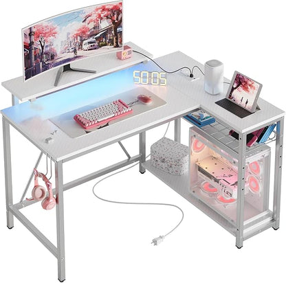 Bestier 42-Inch L-Shaped Computer Desk with Charging & LED, White | Charging 2AC+USB+Type-C, RGB LED 7 Colors/22 Modes, Reversible Storage Shelves, Headphone Hook, Small Space, 42x31.5 in
