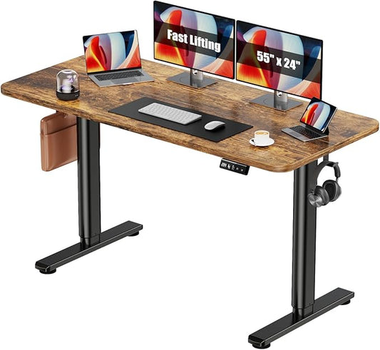 Electric Standing Desk Adjustable Height Stand Up Desk, 55" x 24" Sit Stand Desk, Low Noise Home Office Desk, Computer Desk with Splice Board, Child Lock & Memory Function, Rustic Brown